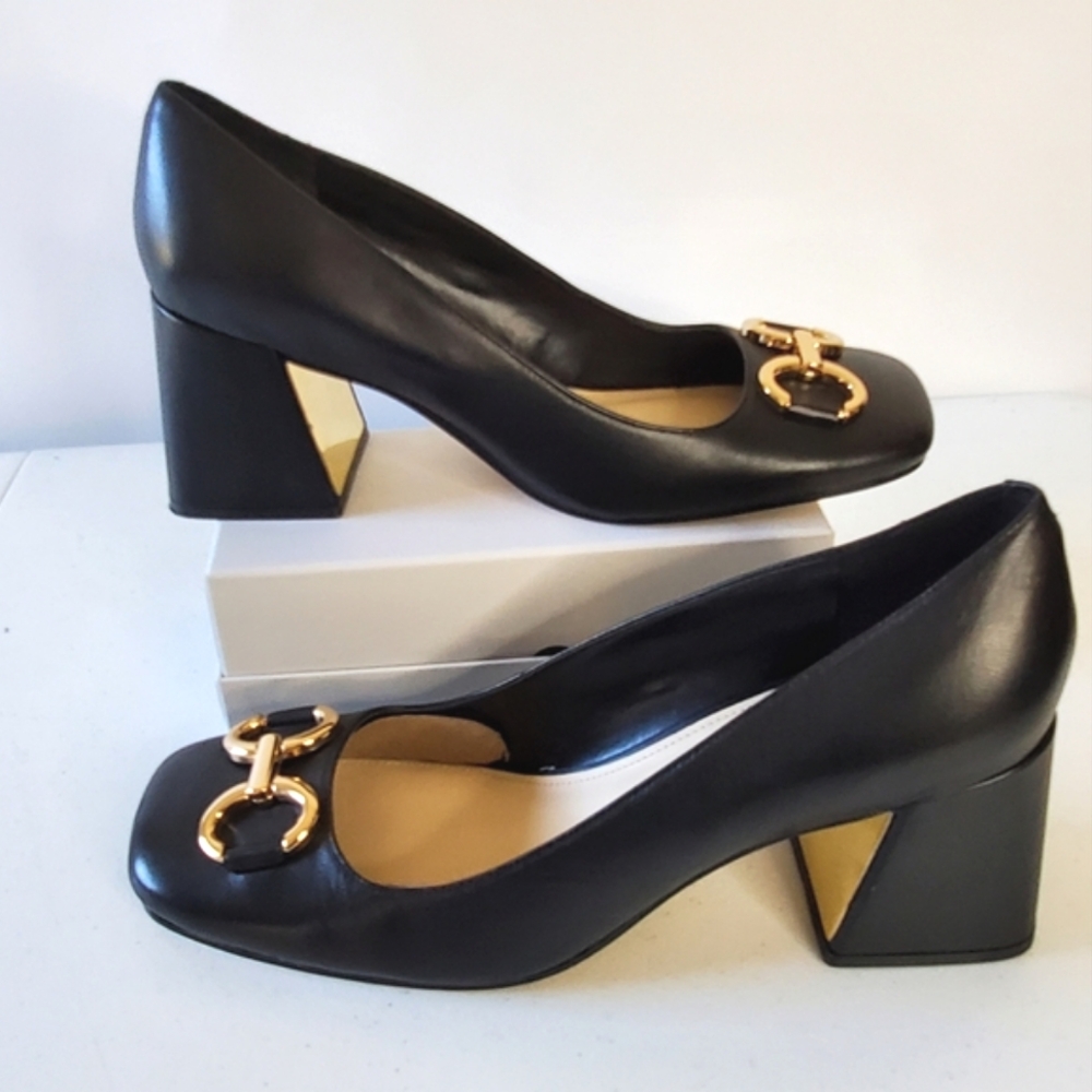 Nine West Caven Block Heel Pumps Size 12 Black Leather Square Toe Shoes Career